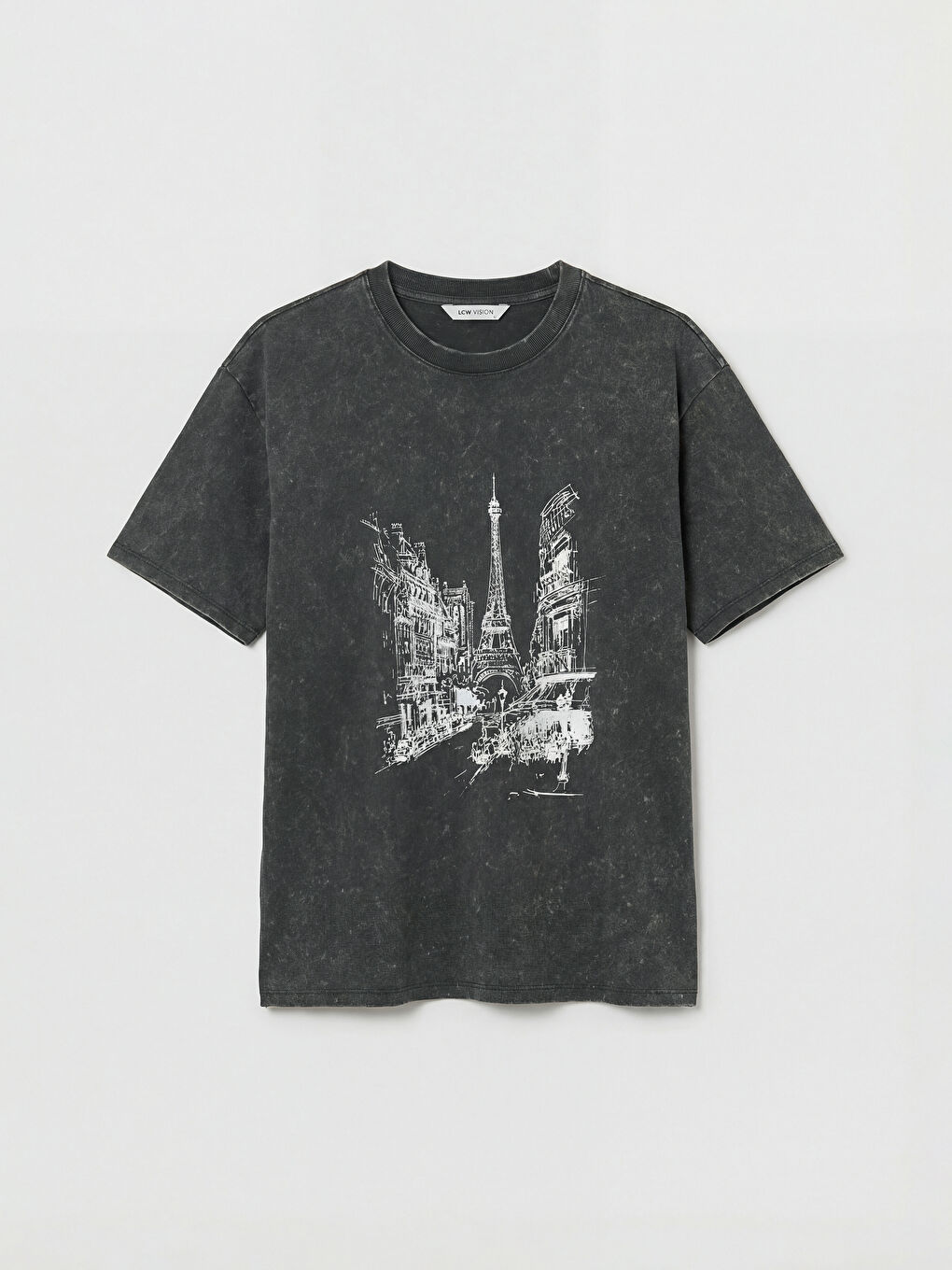 Antrasit Bisiklet Yaka Paris Baskılı Kadın Tişört-4