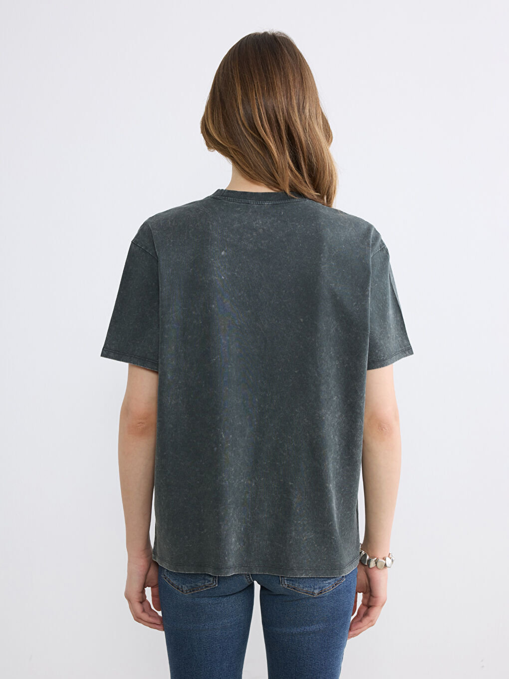 Antrasit Bisiklet Yaka Paris Baskılı Kadın Tişört-3