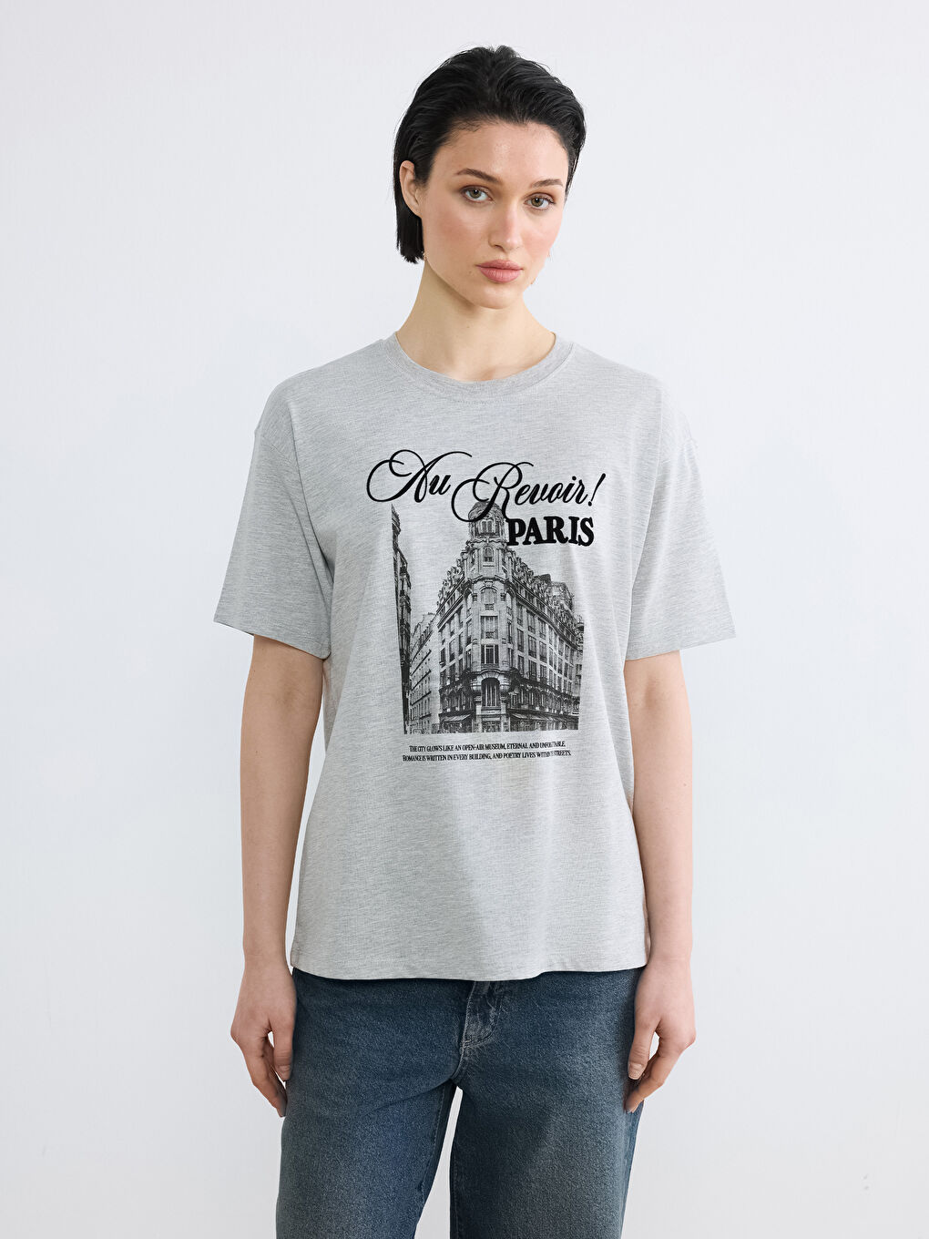 Gri Paris Baskılı Oversize Kadın Tişört