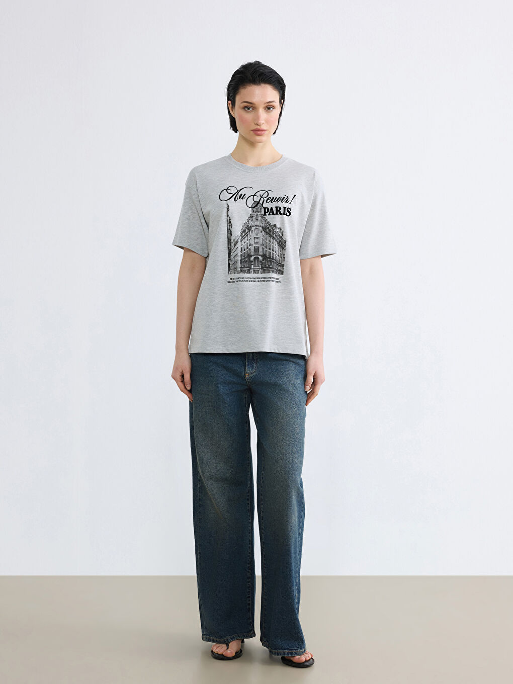 Gri Paris Baskılı Oversize Kadın Tişört-1