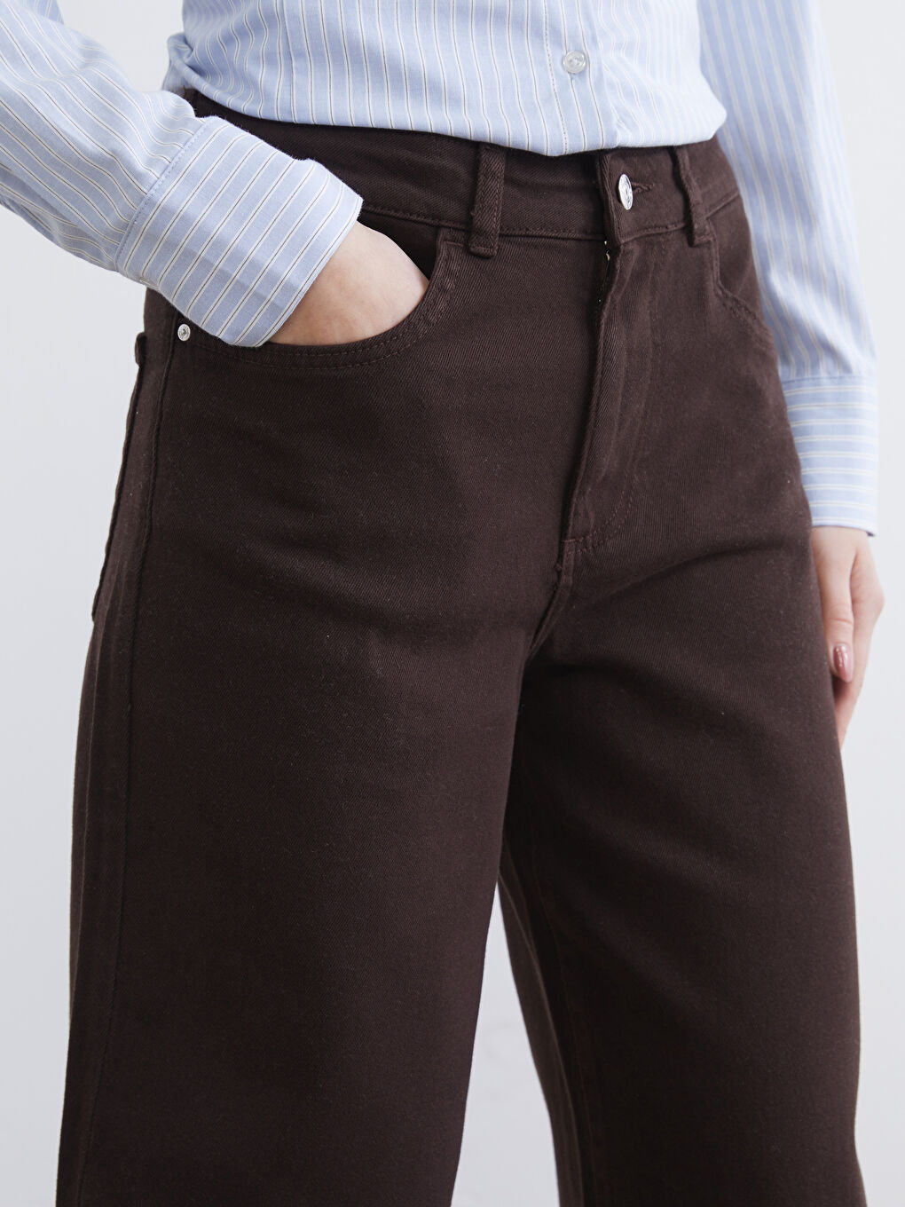 Kahverengi Wideleg Kadın Jean Pantolon-2