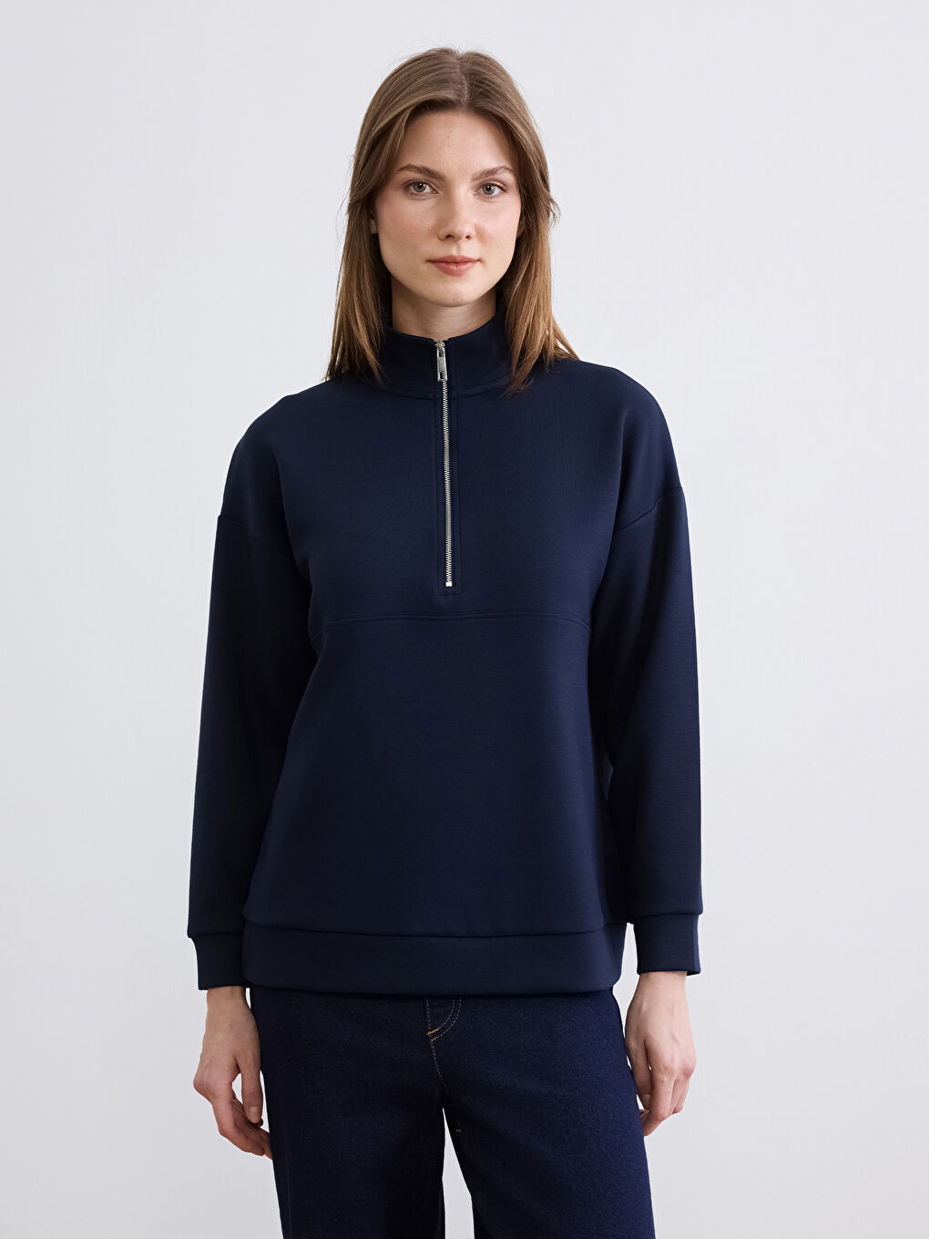 Lacivert Dik Yaka Soft Touch Kadın Sweatshirt		
