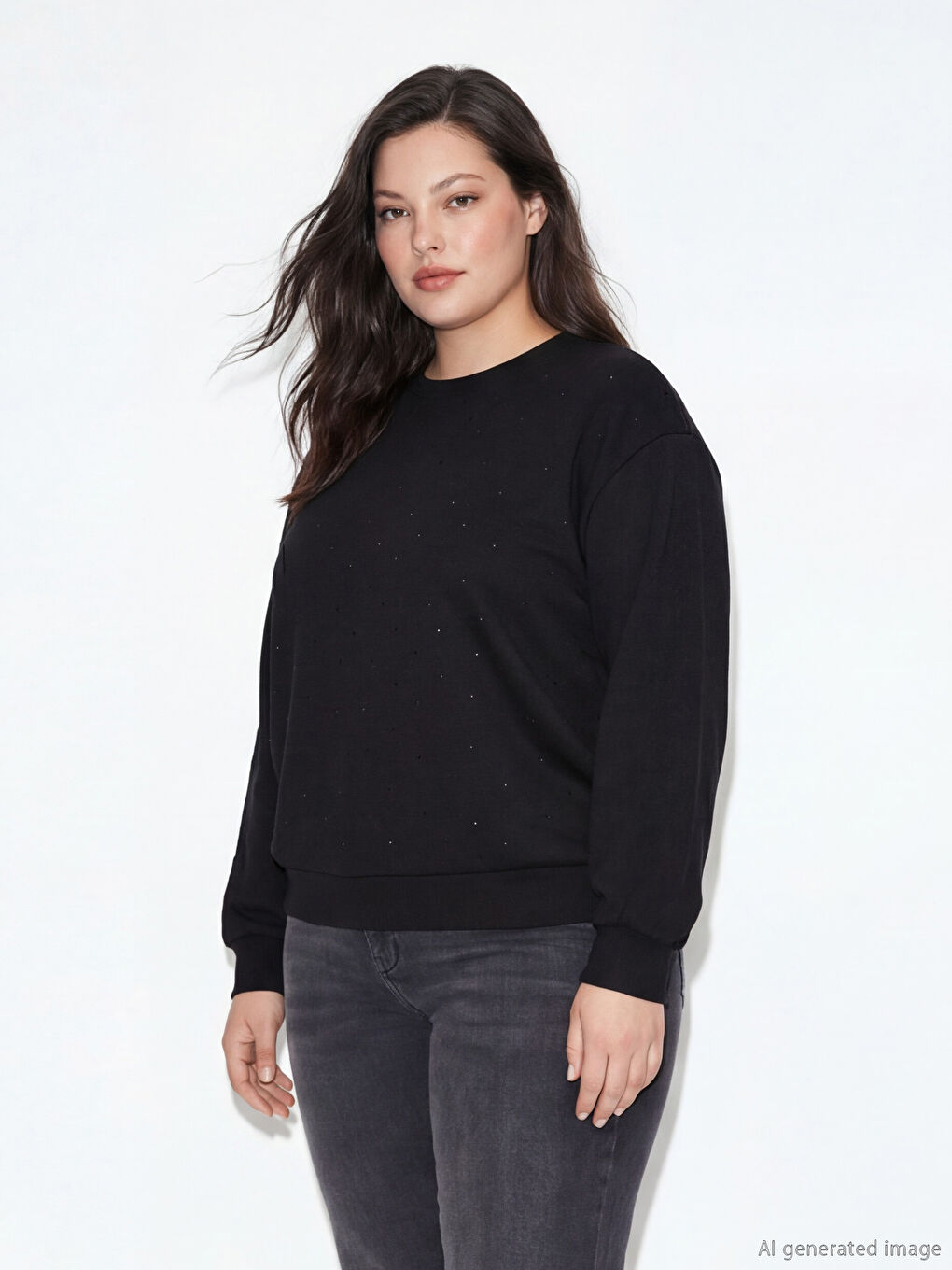 Siyah Bisiklet Yaka Taşlı Soft Touch Kadın Sweatshirt-1