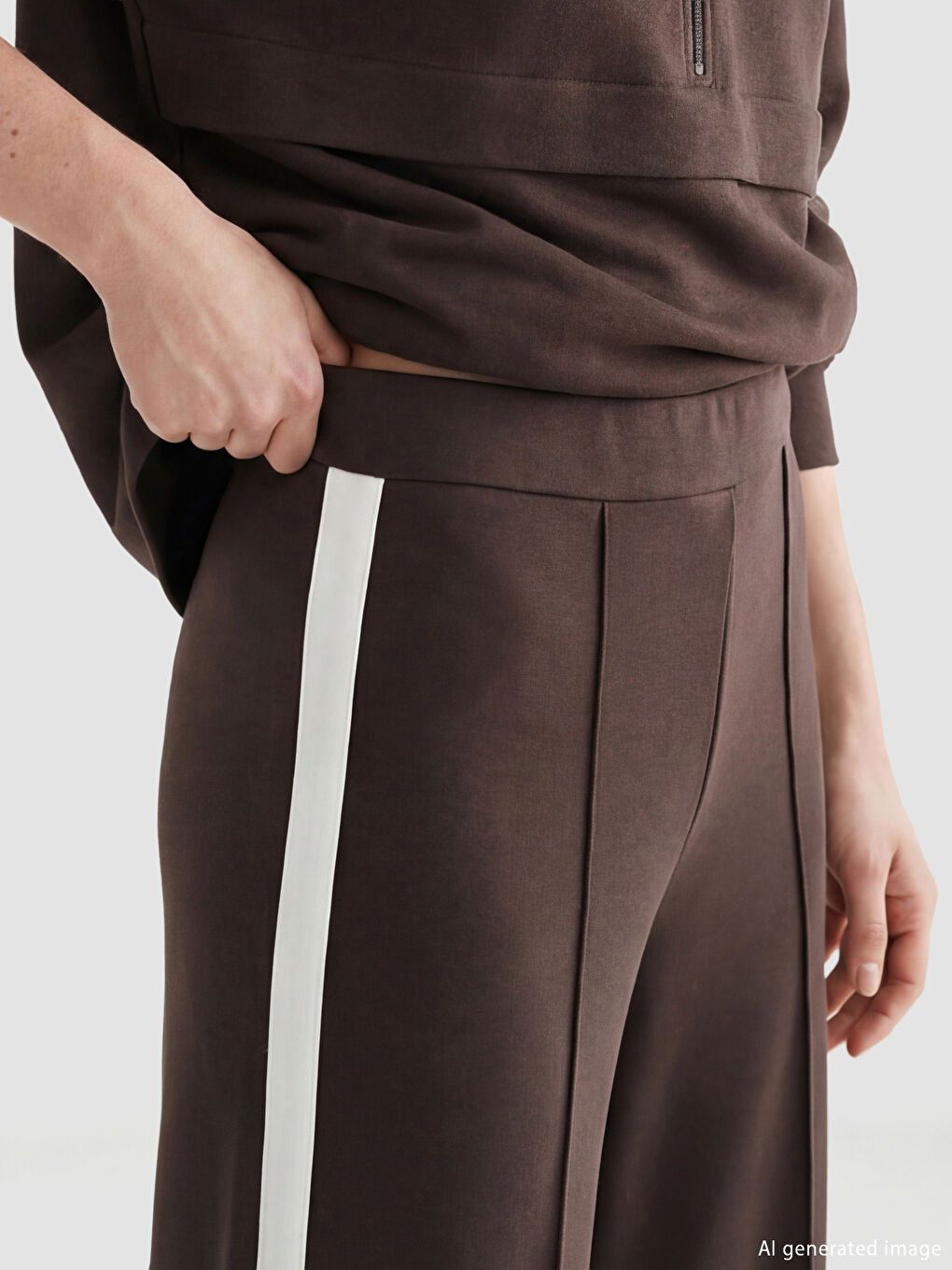 Kahverengi Beli Lastikli Geniş Paça Kadın Eşofman Altı-2
