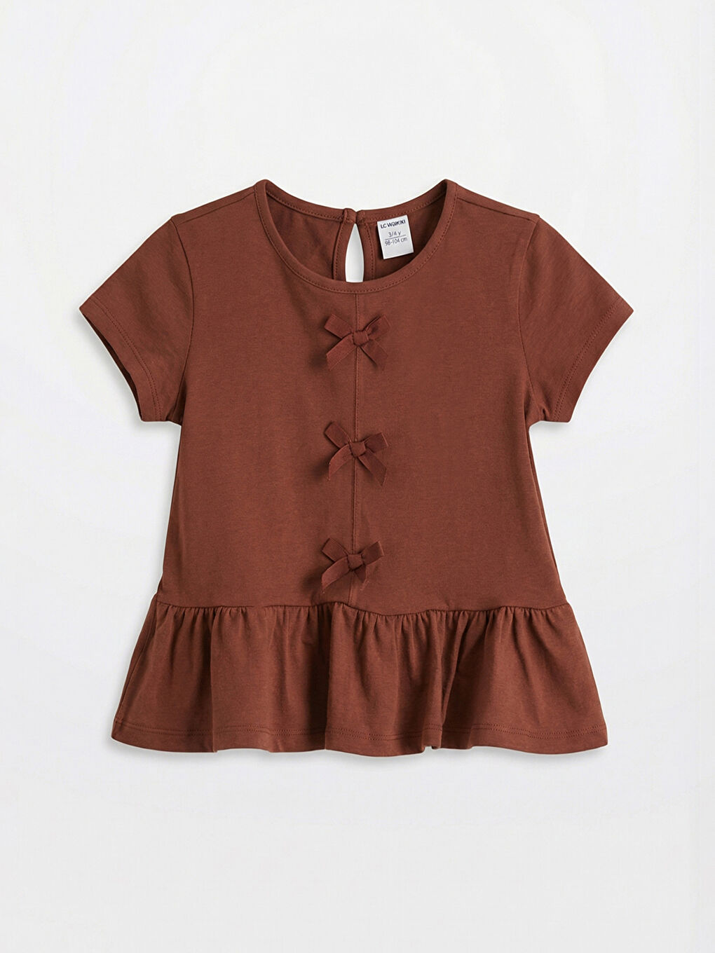 Kahverengi Fiyonk Detaylı Kız Çocuk Tişört 2'li-1