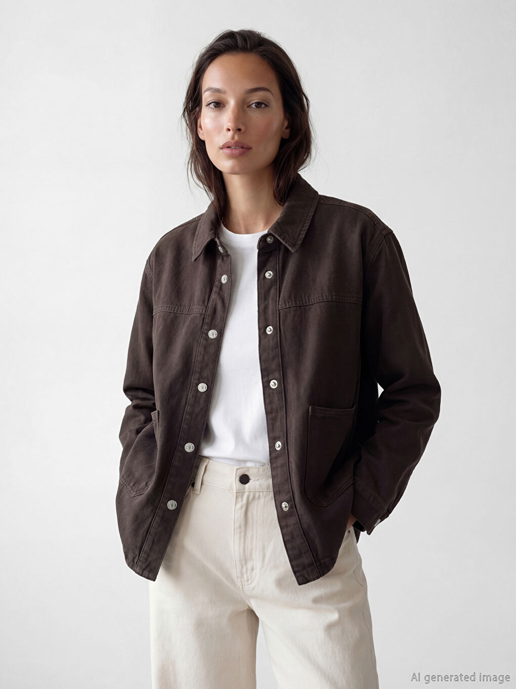 Kahverengi Gömlek Yaka Oversize Kadın Jean Ceket