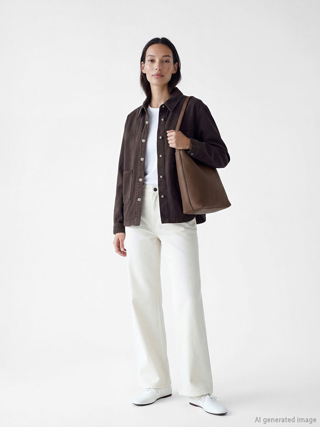 Kahverengi Gömlek Yaka Oversize Kadın Jean Ceket-1