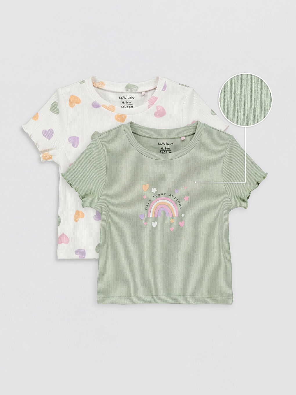 Ekru Bisiklet Yaka Baskılı Kız Bebek 2'li Tişört