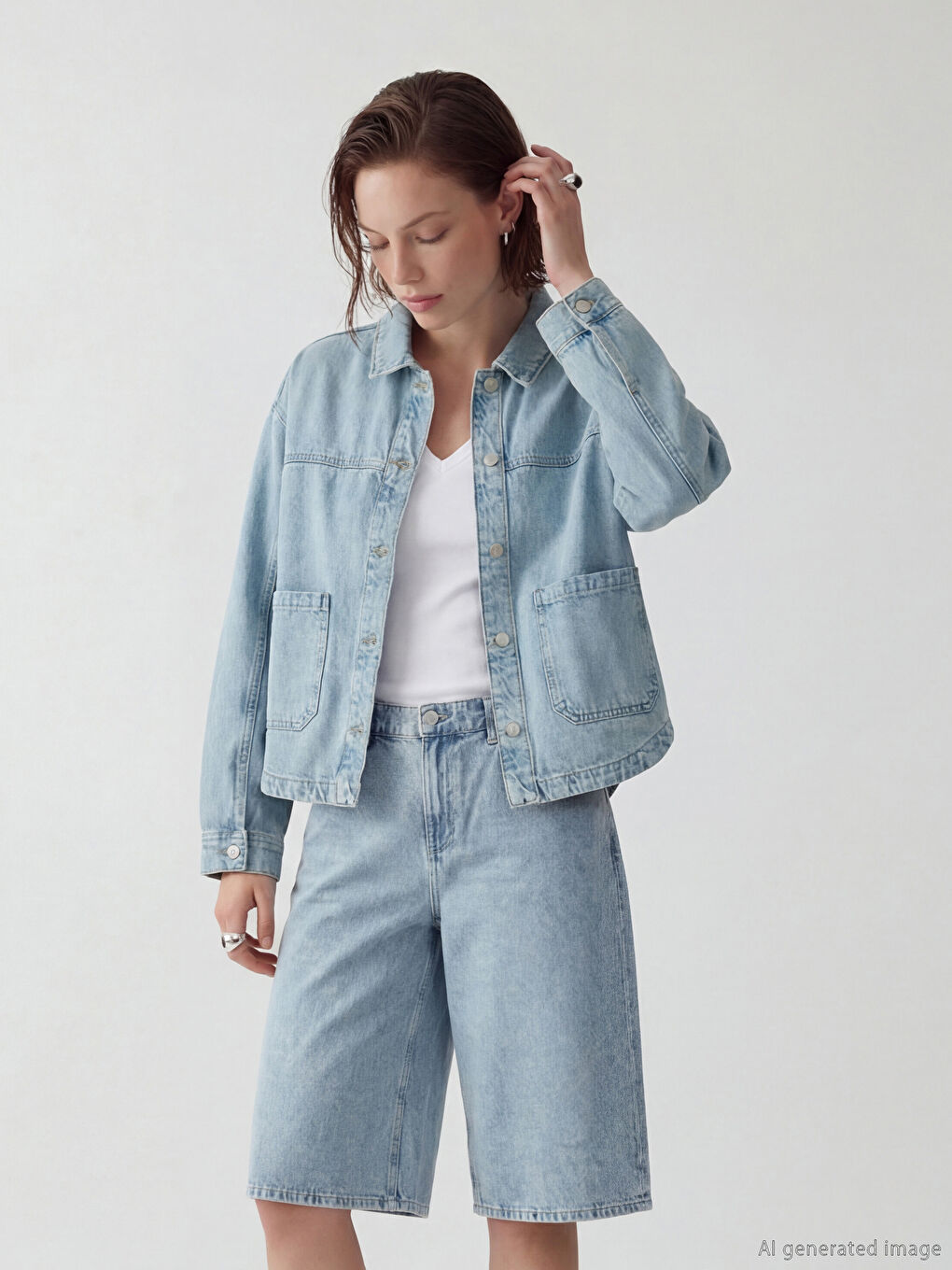 İndigo Gömlek Yaka Oversize Kadın Jean Ceket