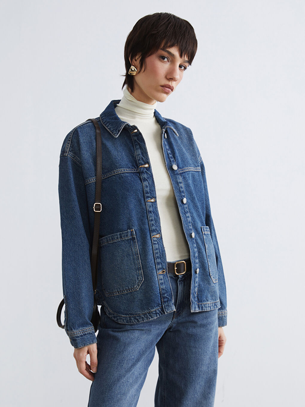 İndigo Gömlek Yaka Kadın Jean Ceket