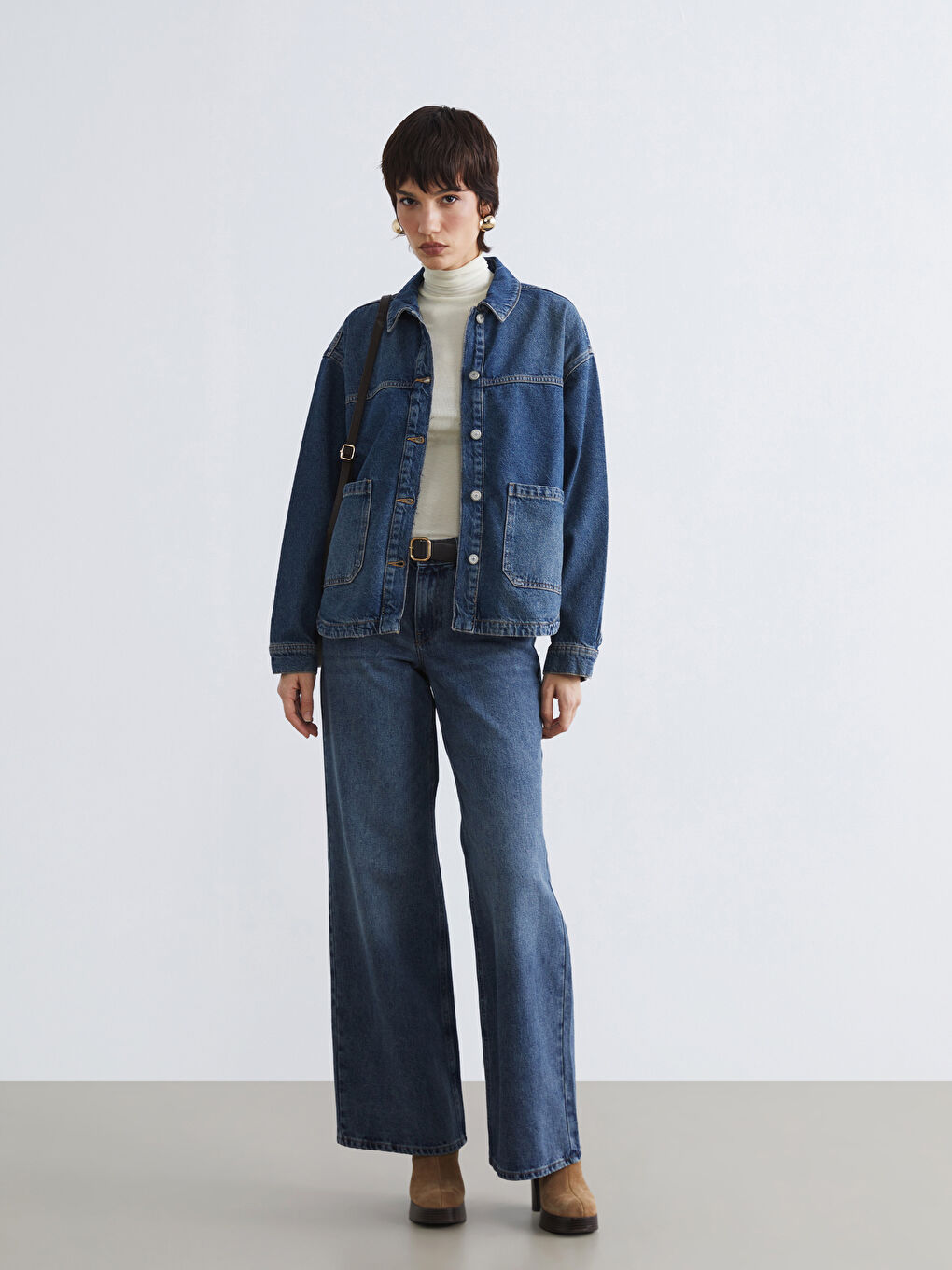 İndigo Gömlek Yaka Kadın Jean Ceket-1