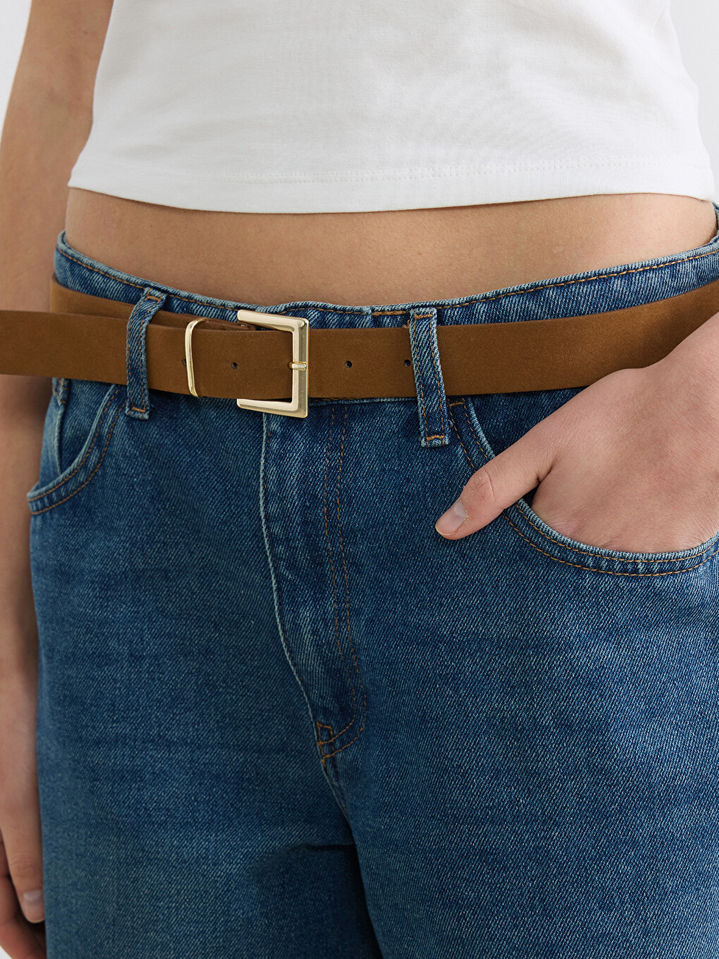 İndigo Beli Kemerli Wideleg Kadın Jean Pantolon-2