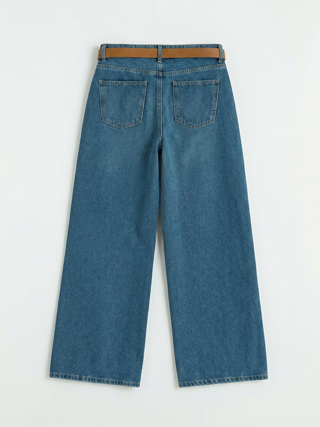 İndigo Beli Kemerli Wideleg Kadın Jean Pantolon-5