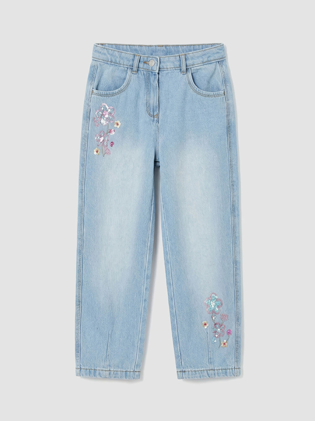 Embroidered Loose Fit Girls' Jean Trousers