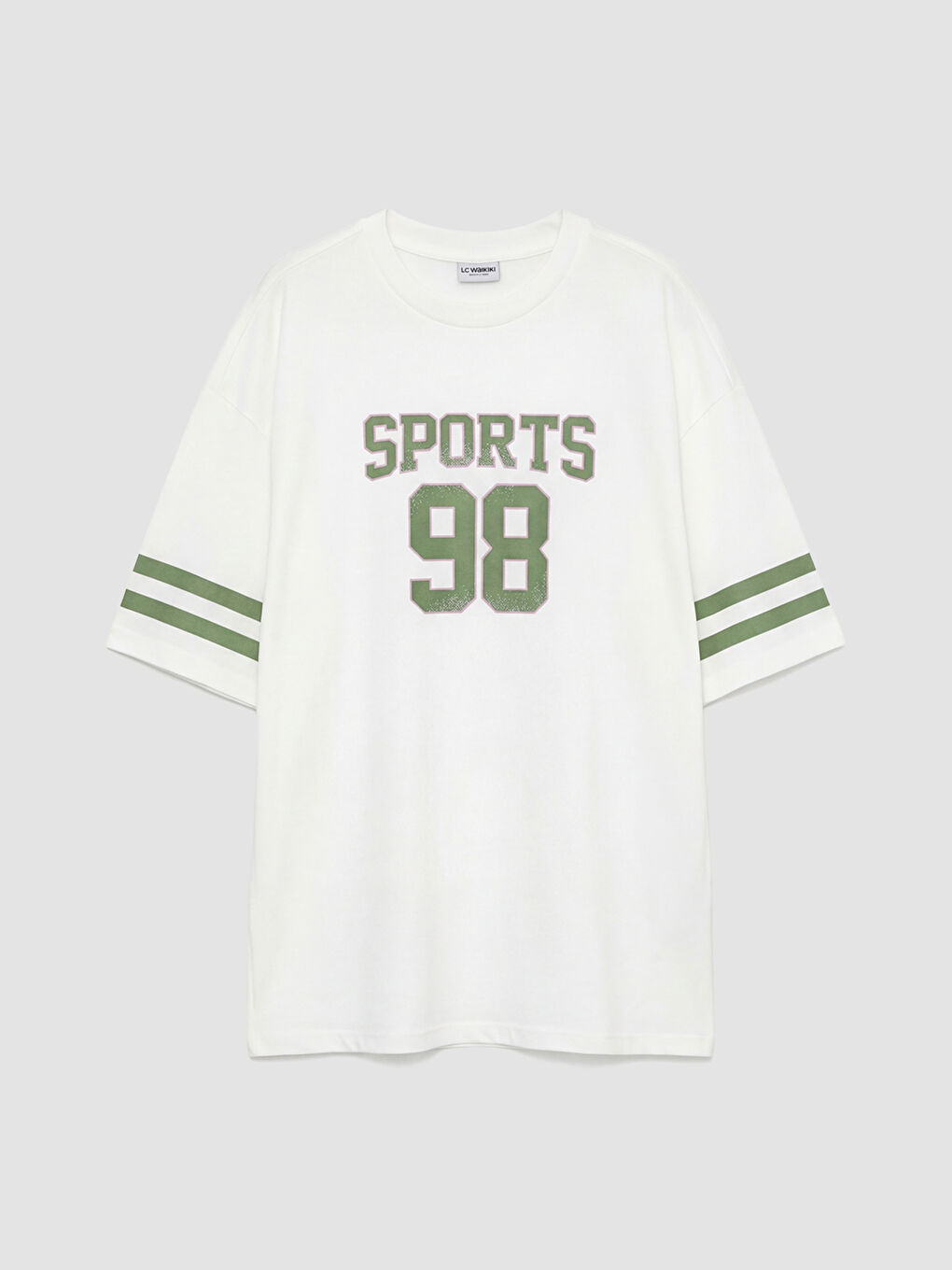 Ekru Kolu Şeritli Baskılı Kız Çocuk Tişört