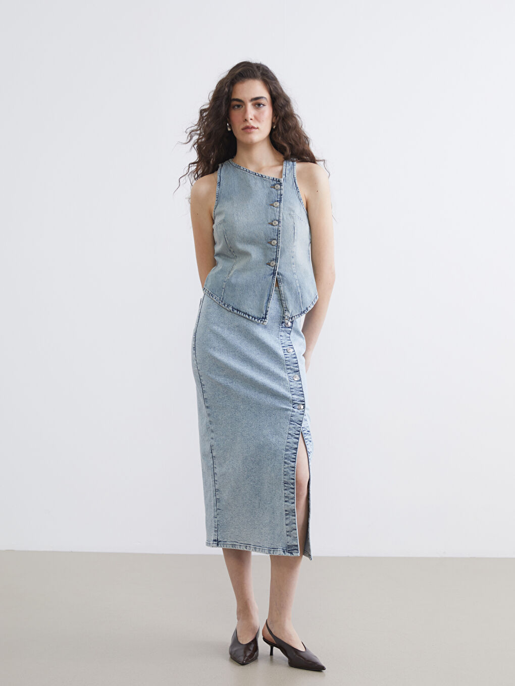 İndigo Kayık Yaka Kadın Jean Yelek-1