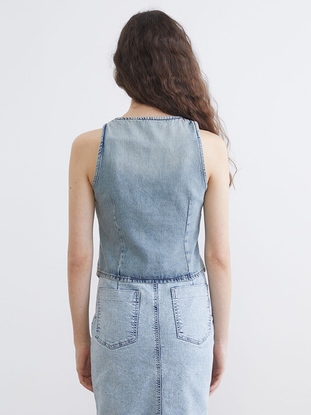 İndigo Kayık Yaka Kadın Jean Yelek-3