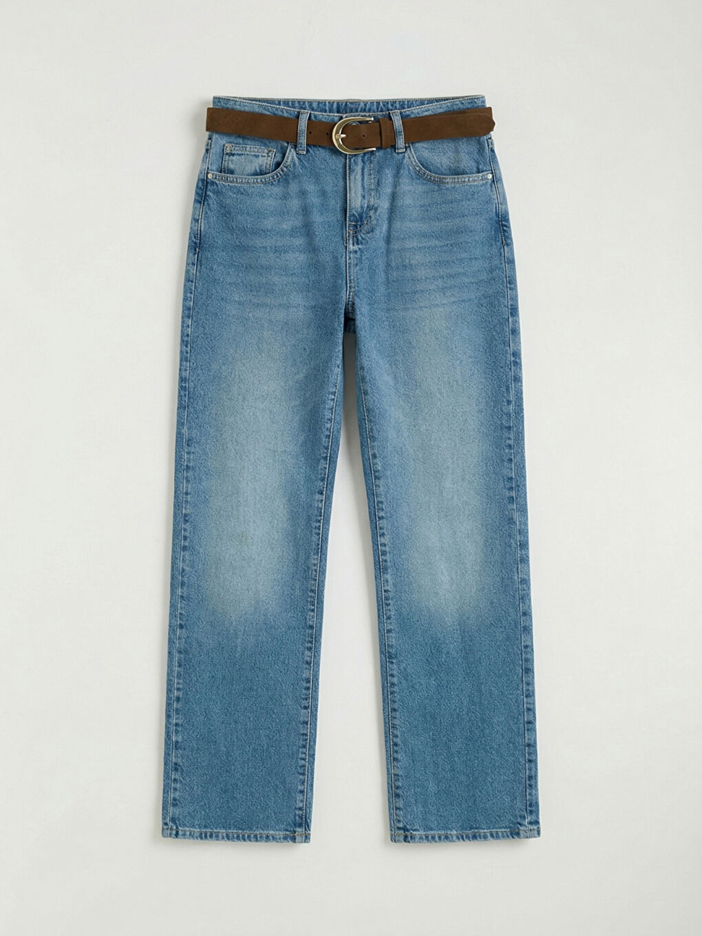 Mavi Beli Kemerli Wideleg Kadın Jean Pantolon-4