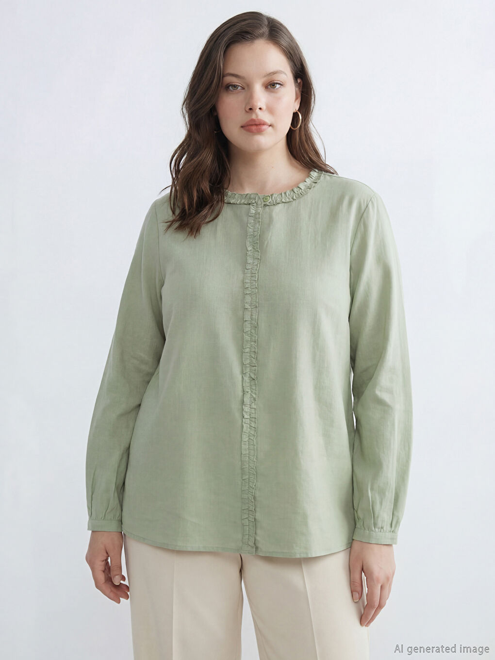 Yeşil Hakim Yaka Fırfırlı Bluz-1