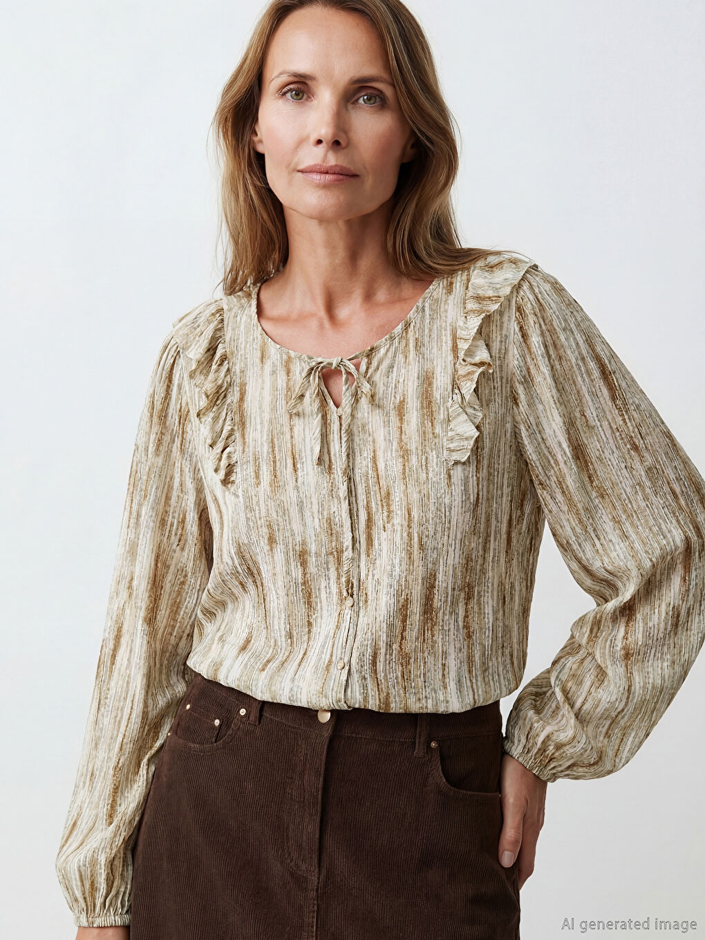 Haki Bağlamalı Yaka Fırfırlı Desenli Bluz