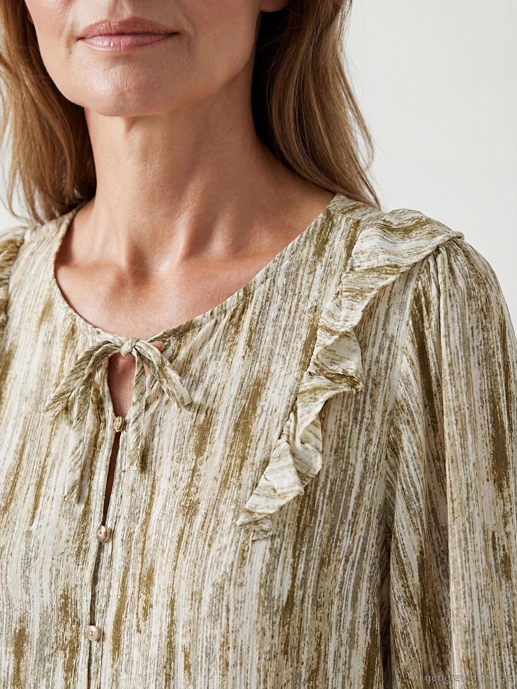 Haki Bağlamalı Yaka Fırfırlı Desenli Bluz-2