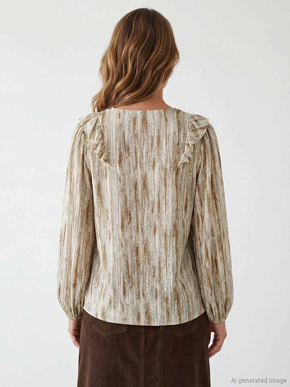 Haki Bağlamalı Yaka Fırfırlı Desenli Bluz-3