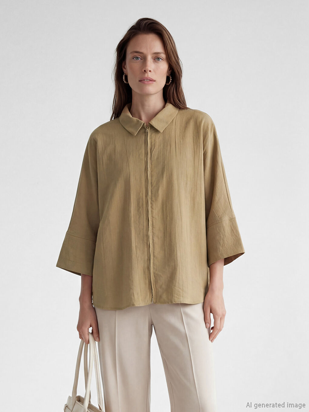 Haki Gömlek Yaka Fermuarlı Kadın Tunik