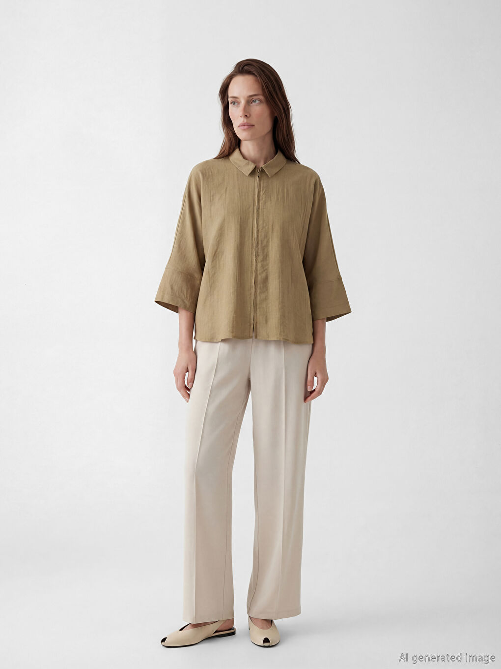 Haki Gömlek Yaka Fermuarlı Kadın Tunik-1