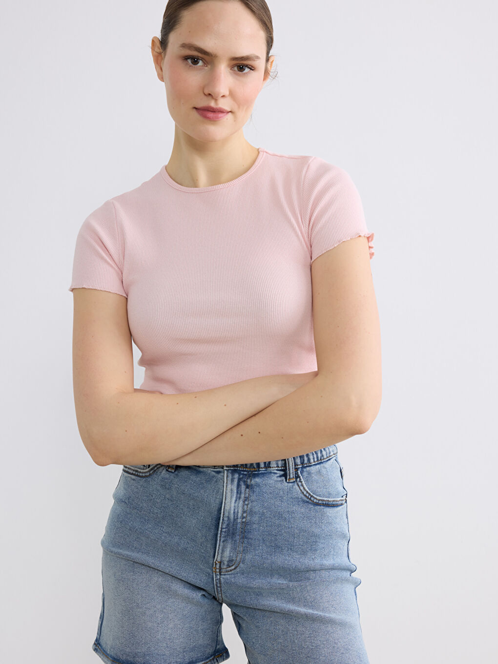 Pembe Bisiklet Yaka Fitilli Kadın Tişört