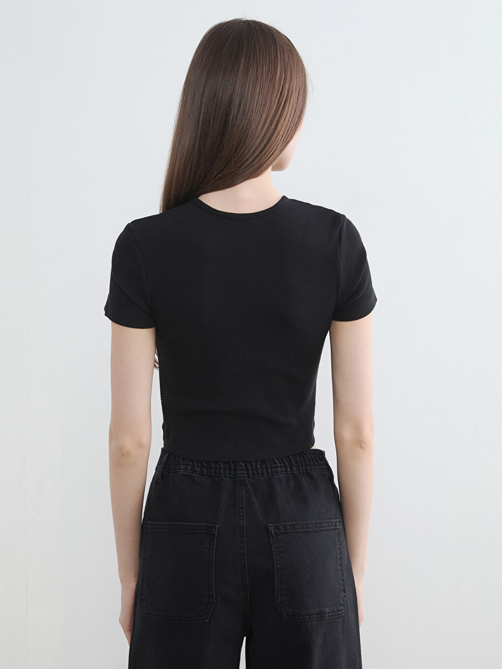Siyah Bisiklet Yaka Fitilli Kadın Crop-3