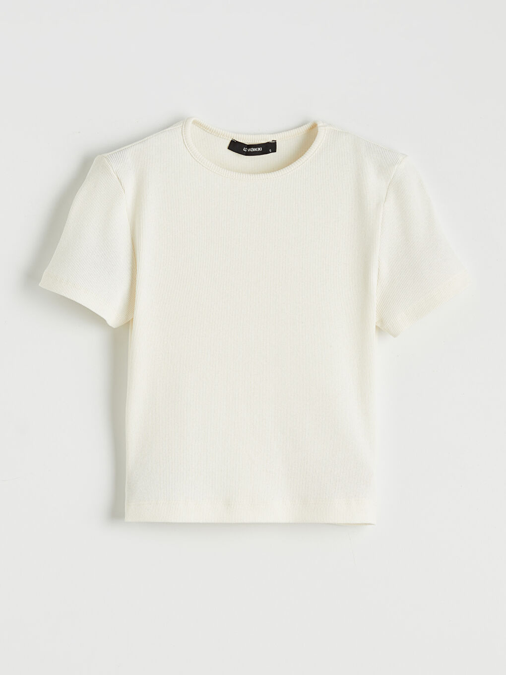 Ekru Bisiklet Yaka Fitilli Kadın Tişört-4