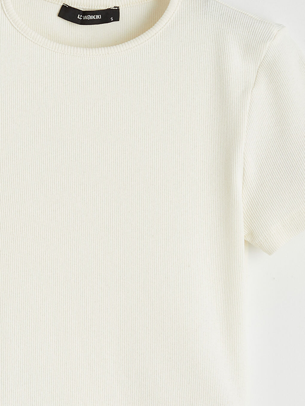 Ekru Bisiklet Yaka Fitilli Kadın Tişört-5