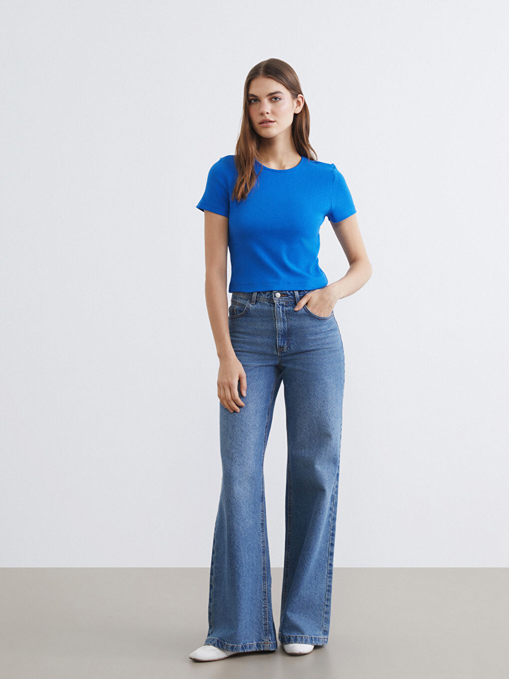 Mavi Bisiklet Yaka Fitilli Kadın Tişört-1