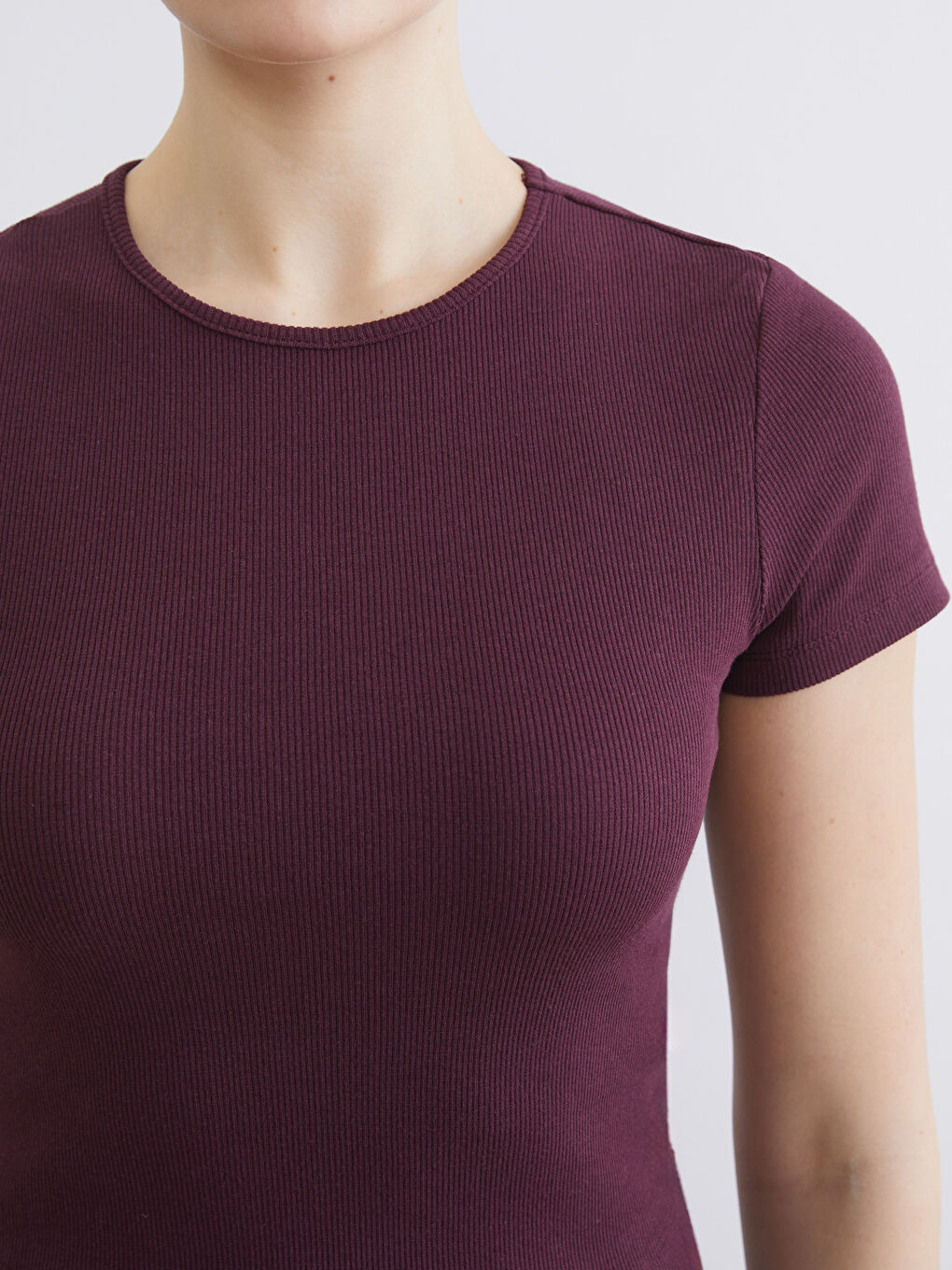 Mürdüm Bisiklet Yaka Fitilli Kadın Tişört-2