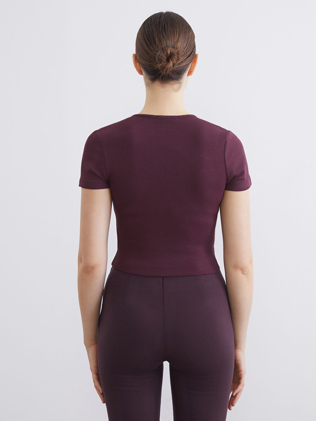 Mürdüm Bisiklet Yaka Fitilli Kadın Tişört-3