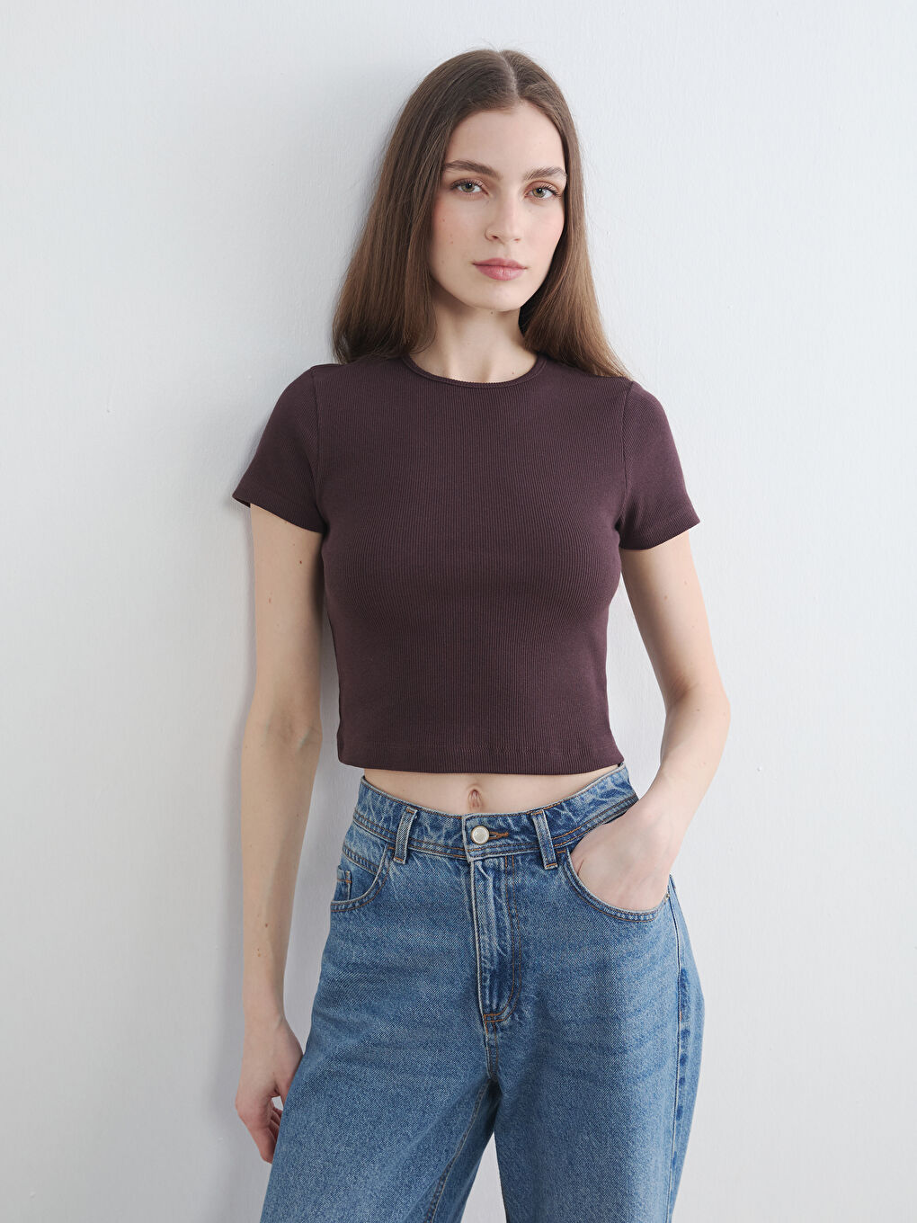 Kahverengi Bisiklet Yaka Fitilli Kadın Crop