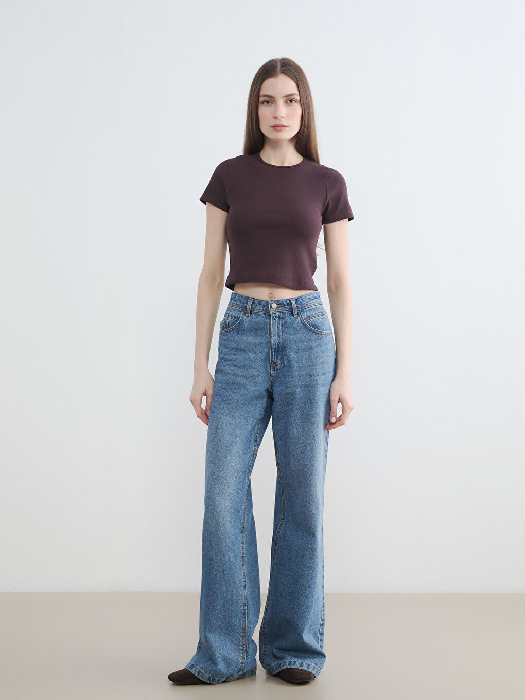 Kahverengi Bisiklet Yaka Fitilli Kadın Crop-1