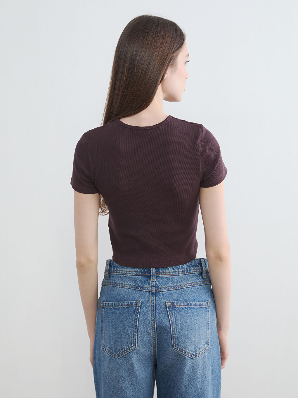 Kahverengi Bisiklet Yaka Fitilli Kadın Crop-3