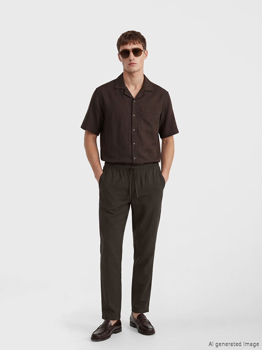 Kahverengi Standart Fit Keten Görünümlü Erkek Pantolon