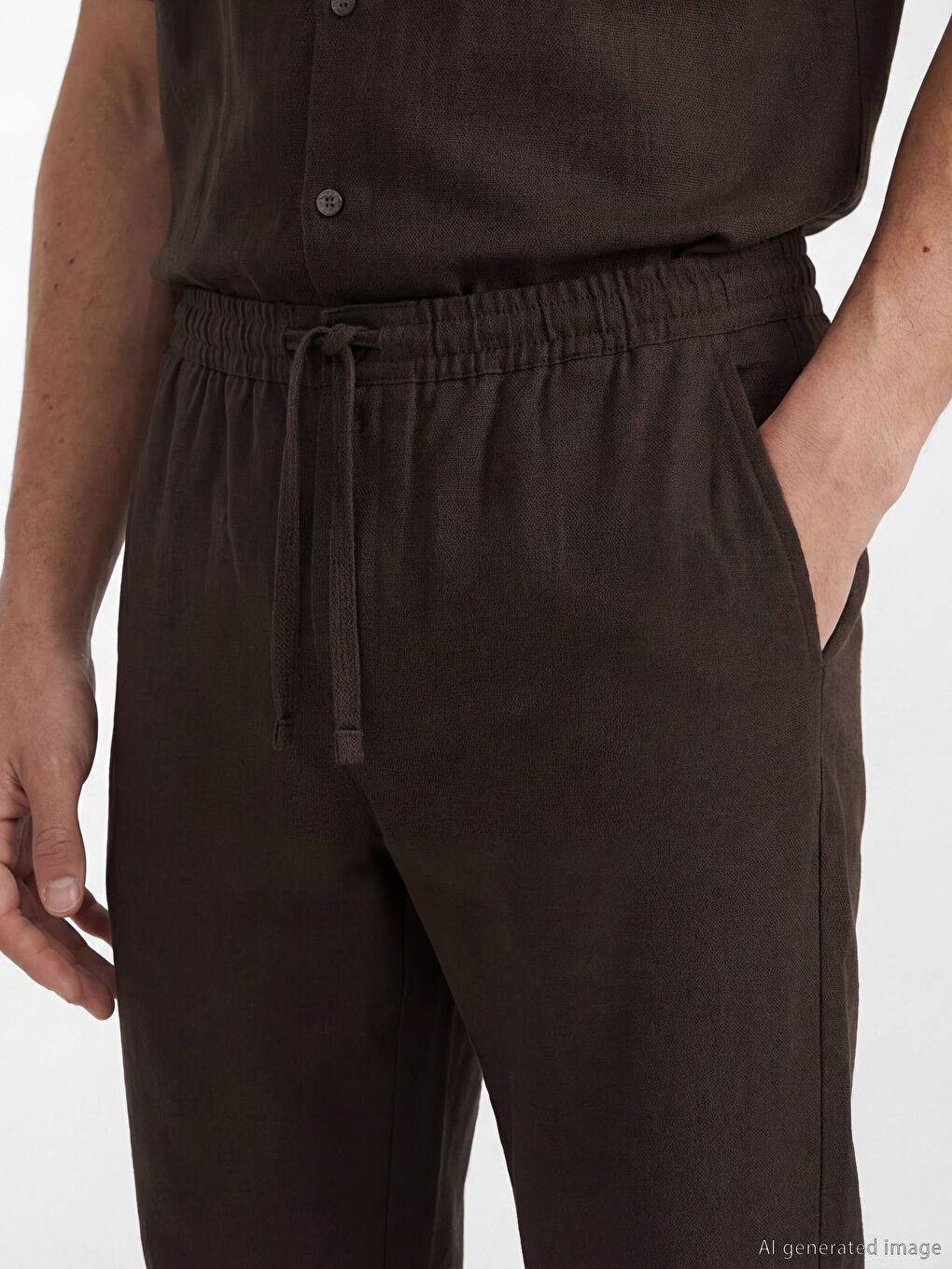 Kahverengi Regular Fit Keten Görünümlü Erkek Pantolon-2