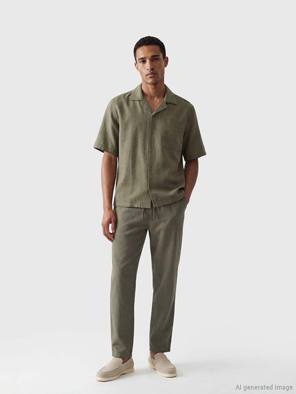 Yeşil Standart Kalıp Keten Görünümlü Erkek Pantolon