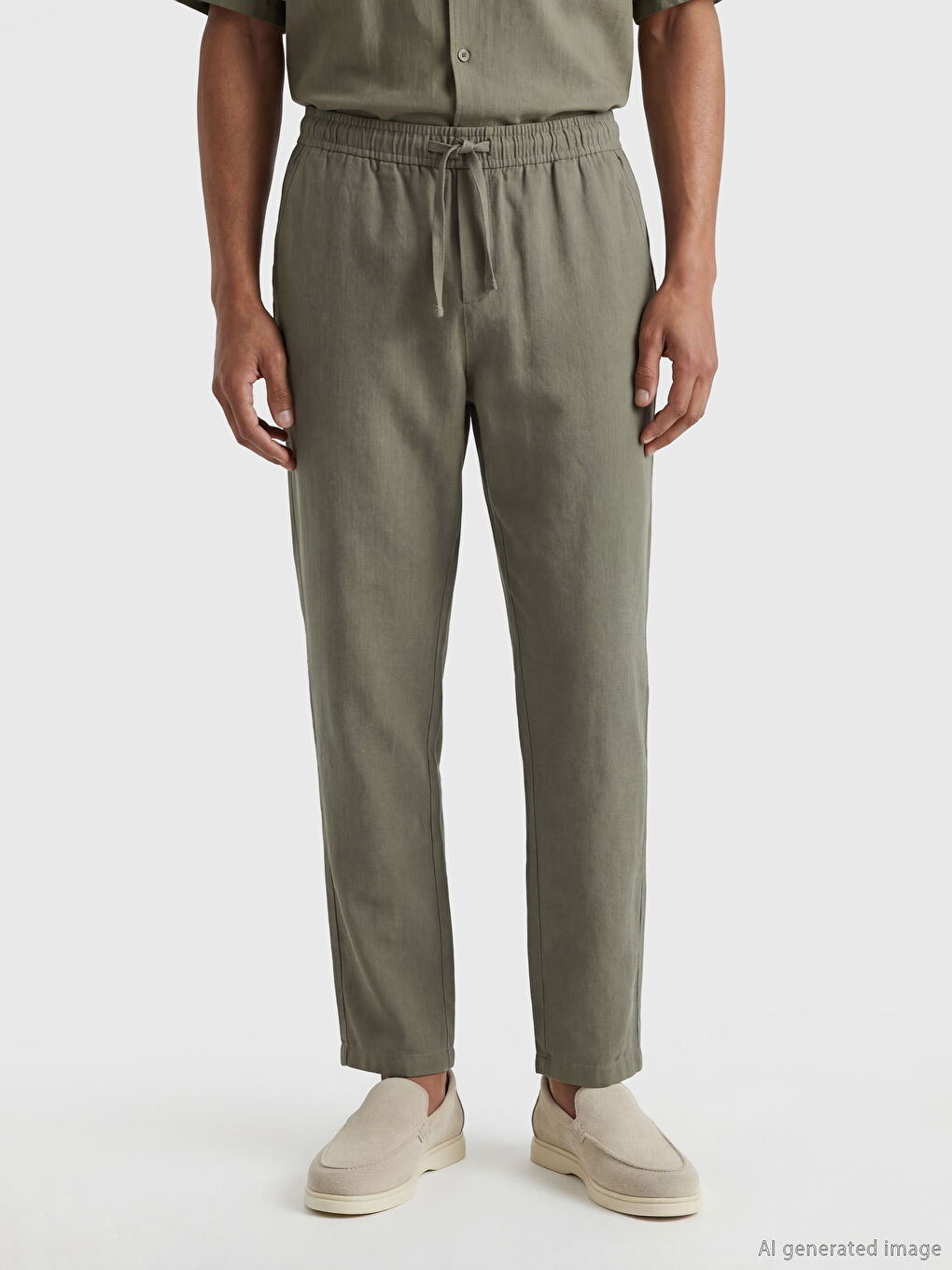 Yeşil Standart Kalıp Keten Görünümlü Erkek Pantolon-1