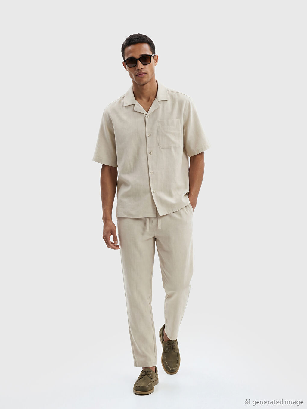 Bej Keten Görünümlü Standart Fit Erkek Pantolon