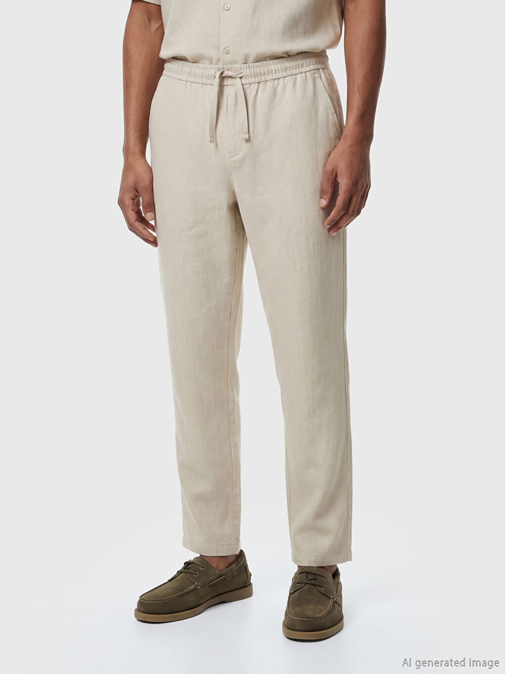 Bej Keten Görünümlü Standart Fit Erkek Pantolon-1