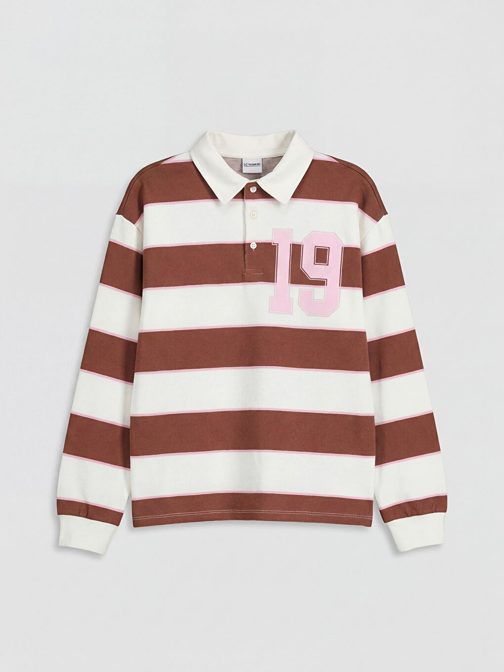 Kahverengi Polo Yaka Çizgili Kız Çocuk Tişört