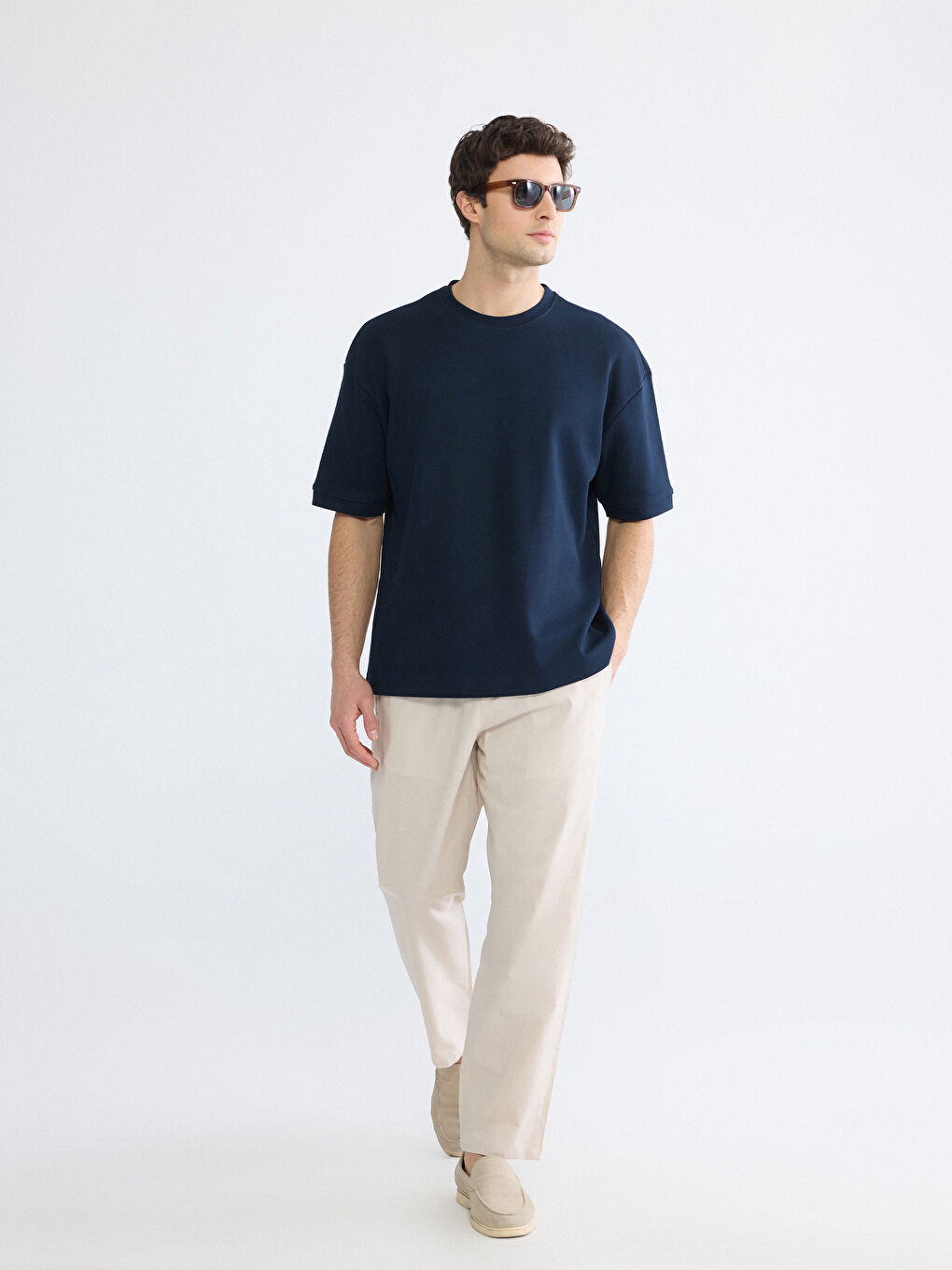 Lacivert Oversize Fit Bisiklet Yaka Erkek Tişört-1