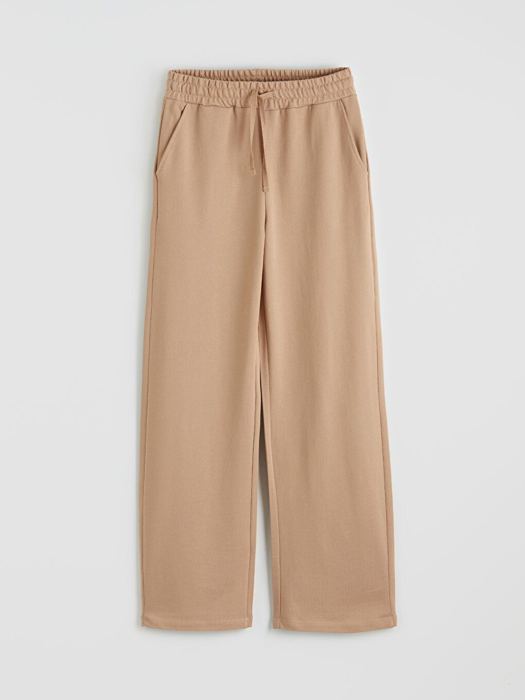 Bej Beli Lastikli Geniş Paça Kadın Eşofman Altı	