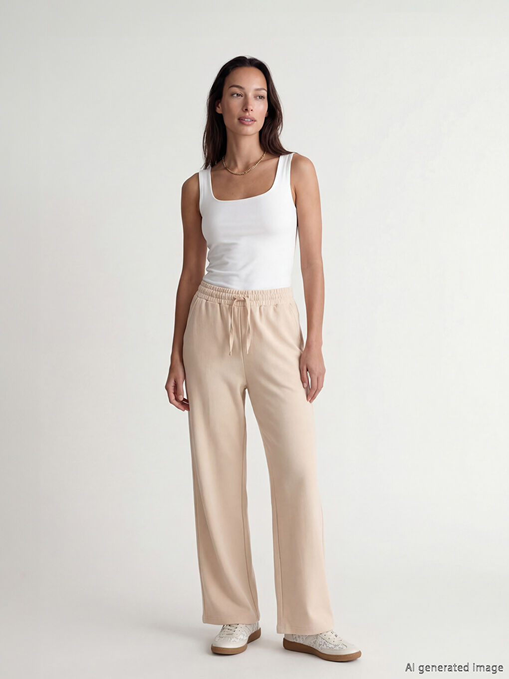 Bej Beli Lastikli Geniş Paça Kadın Eşofman Altı	