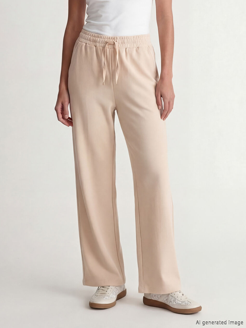 Bej Beli Lastikli Geniş Paça Kadın Eşofman Altı	-1