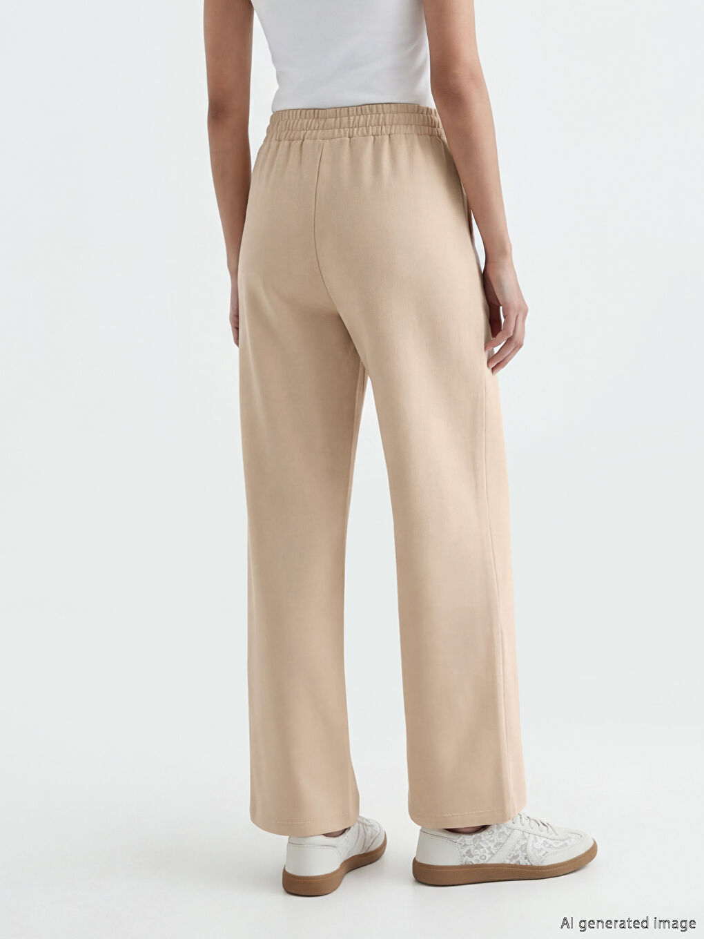 Bej Beli Lastikli Geniş Paça Kadın Eşofman Altı	-2